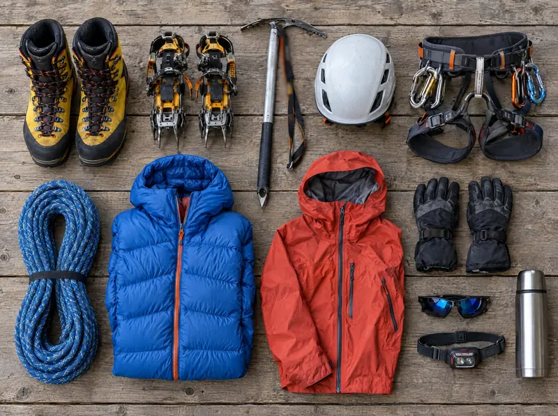 Equipo técnico de montaña: botas dobles, crampones, piolet, casco, arnés con mosquetones, cuerda, casaca de plumas y guantes