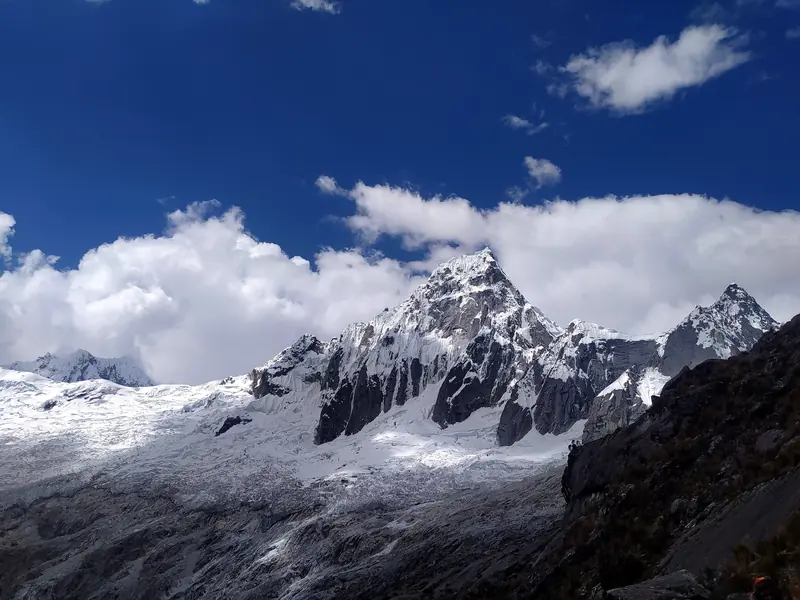 Ice spires of Taulliraju seen from Punta Unión pass on the Santa Cruz trek